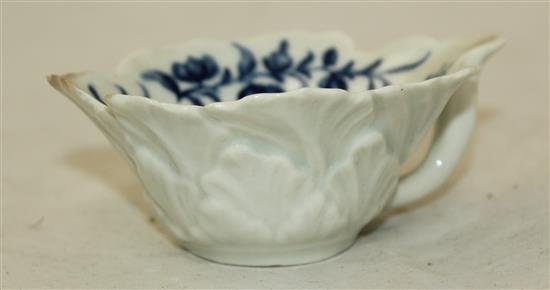 A rare Worcester Butter Boat Formal Rose pattern blue and white butter boat, c.1760-5, length 9.2cm, tiny nick and hairline crack